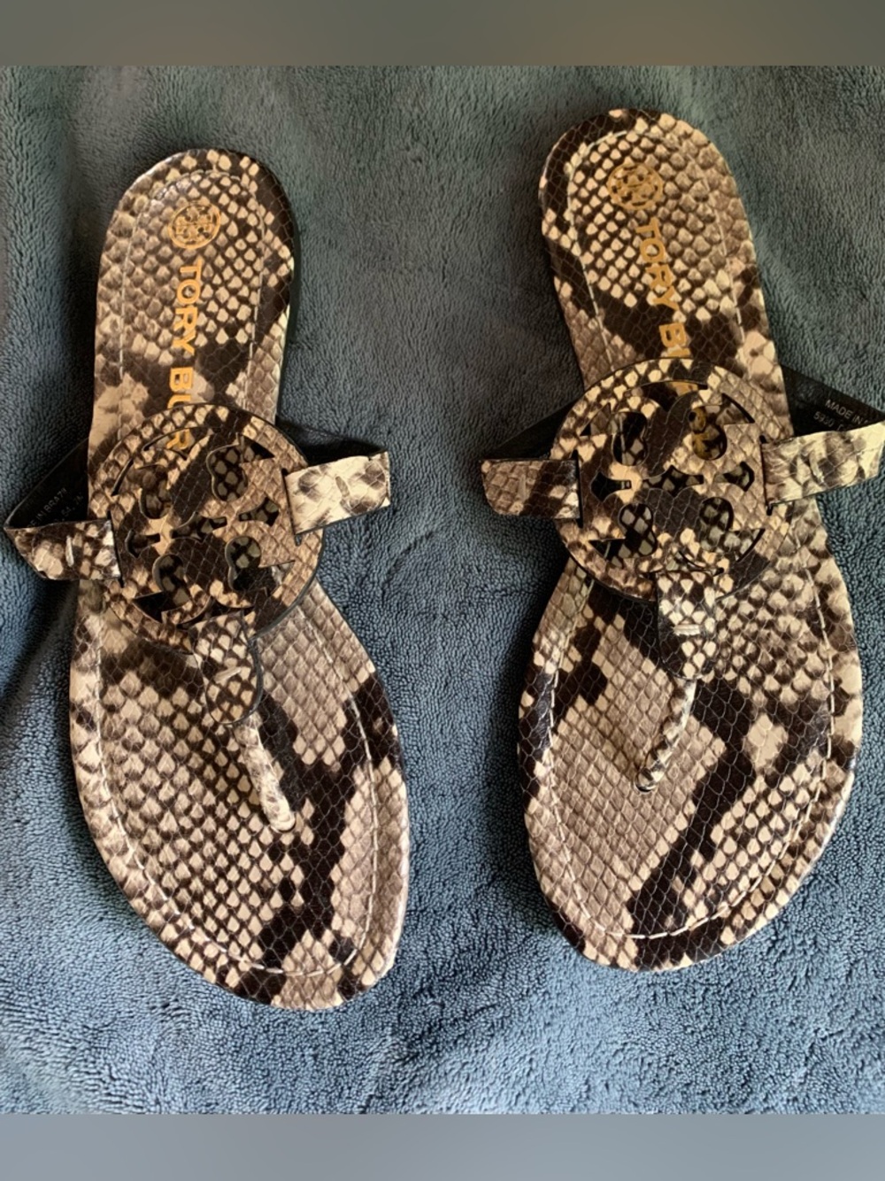 Tory Burch Black and Cream Snake-Print Thong Miller Sandals size 7